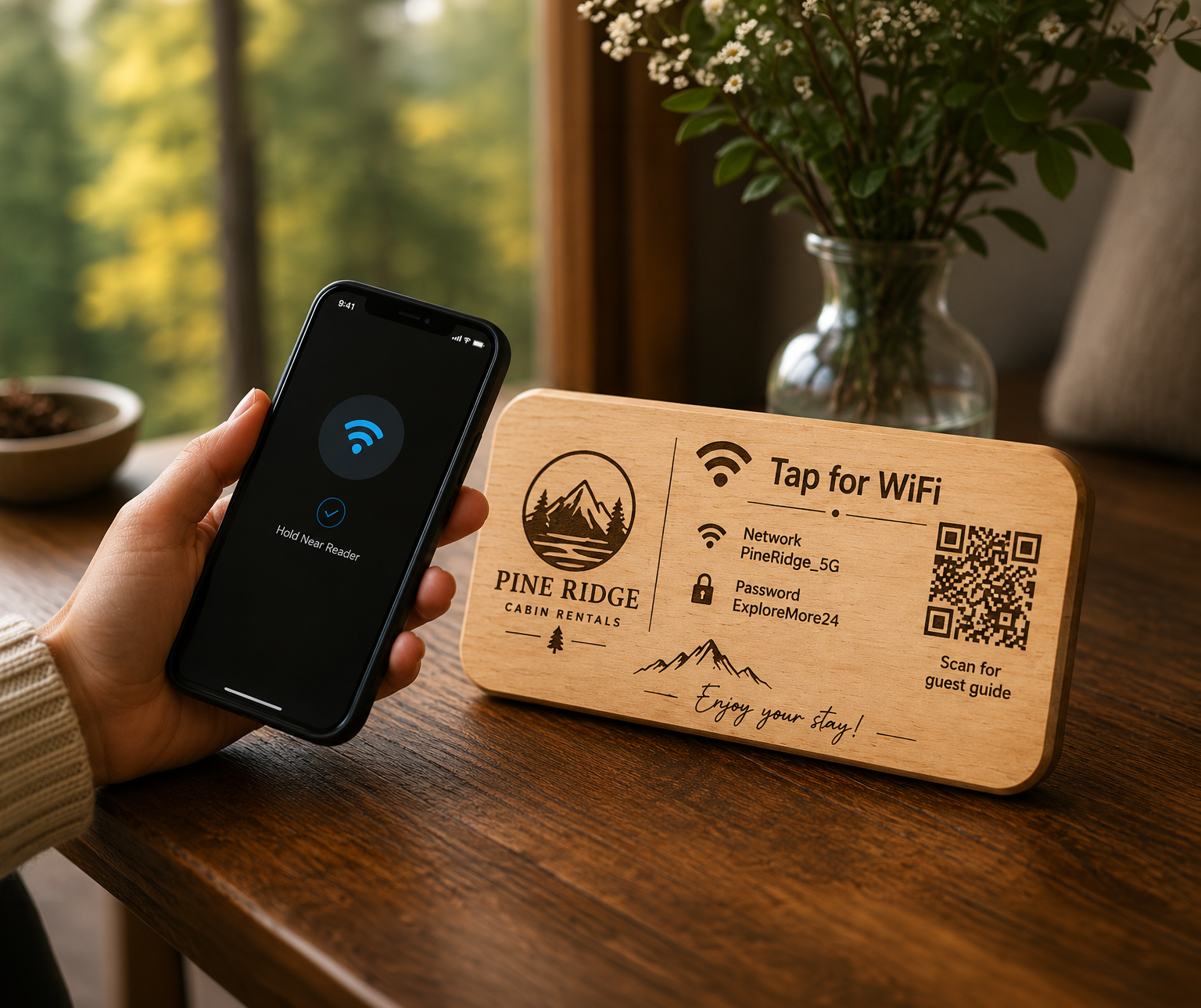 The wooden display engraved with WiFi details and a scannable code