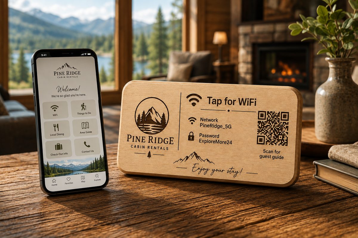 A wooden Hosts Guide display beside a phone showing the guidebook