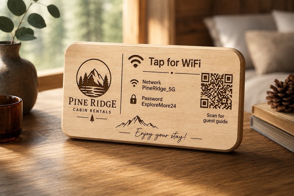 The wooden tabletop display, engraved with a logo, WiFi details and a scannable code