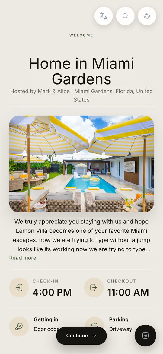 A Hosts Guide welcome book open on a phone, showing check-in time, door code and parking